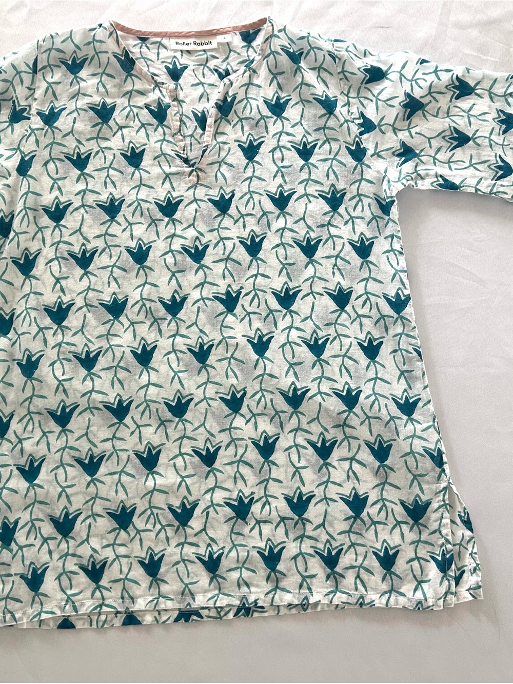 Roller Rabbit Serafina Teal Floral swim coverup tunic EUC block print